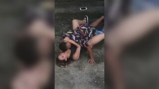 Eating the blonde on the street on the floor