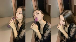 Caroline Passionately Sucking Thick Dildo at Night Video