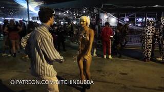 Bralessforever Wearing Halloween Gold Thong in Busy Public Video