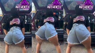 "Hot Latina Bending Over in Shorts Showing Ass at Car Party"