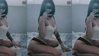 Tatted Petite Asian in White Lingerie Sitting on Bed