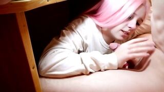 Cute Pink Haired Gamer Young Gives Blowjob Under Desk