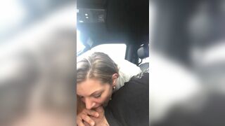 Wife gives a blowjob and swallows a load of cum in the car