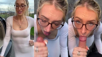 Dani Day Sucks Cock Outside And Gets Cum On Her Glasses