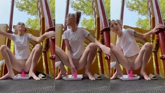 Blonde Cutie Rides A Vibrating Dildo On A Playground Bench In Space Buns