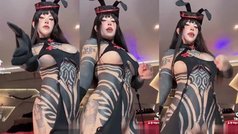 Tattooed Asian Drops Her Sexy Whip Dance Moves In A Pussy Revealing Dress
