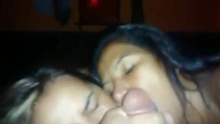 Two sluts suck a cock and get the cum on their faces