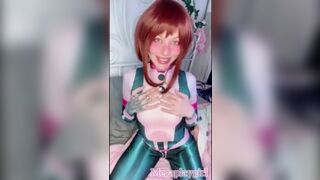 Cosplay girl dressed as Ochako Uraraka from My Hero Academia sucking big fake cock