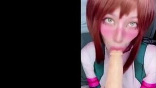 Cosplay girl dressed as Ochako Uraraka from My Hero Academia sucking big fake cock