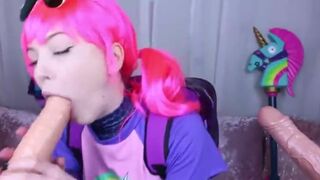 Cute Young Cosplaying Brite Bomber from Fortnite Sucking Off Two Dildos