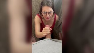 Nerdy Chick Getting Multiple Cum Shot on Her Face Video